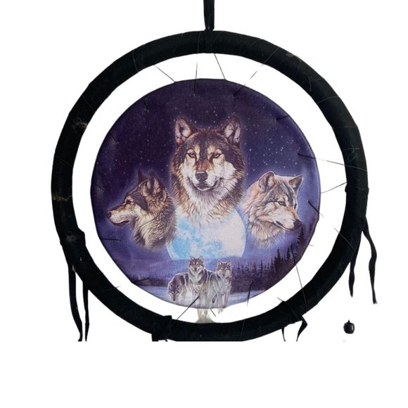 Small Dream Catcher with Feathers, Protective Wolf Design 8.5" - Picture 2 of 2